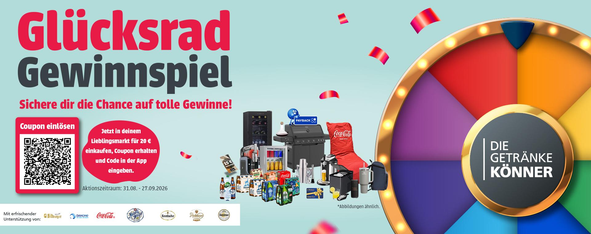 Image promoting a prize wheel contest with products and a QR code, featuring the text "Glücksrad Gewinnspiel" and various German instructions.